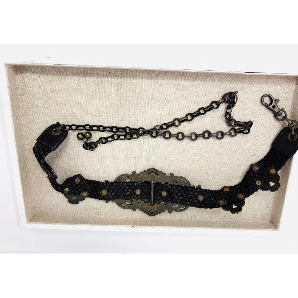 Braided Leather Boho Antique Brass Filigree Medallion Adjustable Chain Belt
